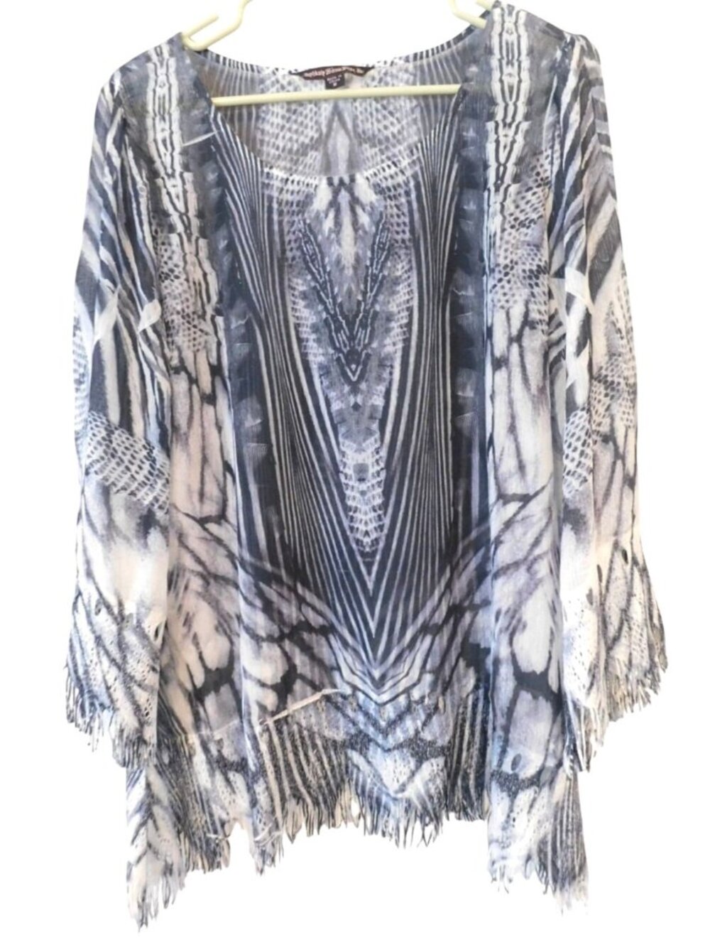 Boho Fringe Sheer Tunic Top Sz Medium Snake Print Gray & White Abstract Festival